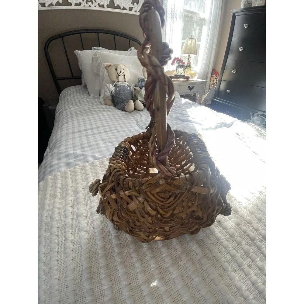 Handmade Small Wicker Woven Square Basket Twisted Handle Rustic Multicolor